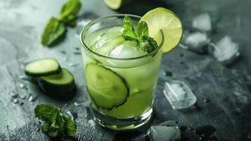 Refreshing sugar-free cucumber and mint cooler served with ice cubes and a lime slice, photo