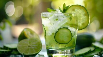 Refreshing sugar-free cucumber and mint cooler served with ice cubes and a lime slice, picture photo