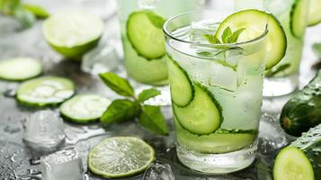Refreshing sugar-free cucumber and mint cooler served with ice cubes and a lime slice, photography photo