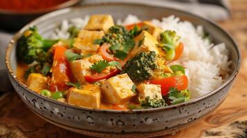 Bowl of coconut curry with tofu bell peppers broccoli carrots served over jasmine rice, picture photo
