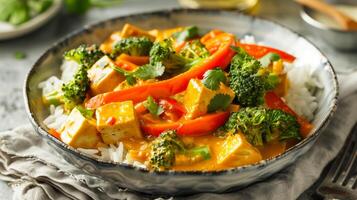 Bowl of coconut curry with tofu bell peppers broccoli carrots served over jasmine rice, photorealistic photo