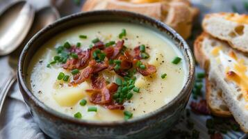 Rich creamy bowl of potato leek soup with crispy bacon bits and chopped chives served with buttered bread, photorealistic photo