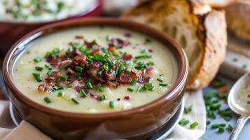 Rich creamy bowl of potato leek soup with crispy bacon bits and chopped chives served with buttered bread, photography photo