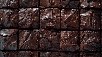 A rich and fudgy brownie cut into squares with a shiny crackly top and a dense gooey interior, picture photo