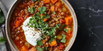 Rustic bowl of lentil soup with carrots, celery, tomatoes, Greek yogurt, and cilantro, photography photo