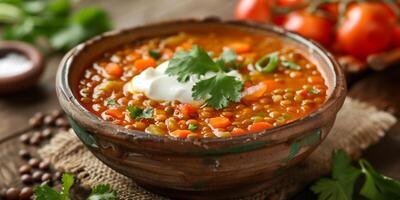 Rustic bowl of lentil soup with carrots, celery, tomatoes, Greek yogurt, and cilantro, photorealistic photo