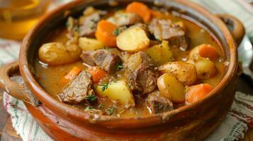 Rustic clay pot with hearty beef stew featuring tender beef potatoes and carrots in rich broth, photo