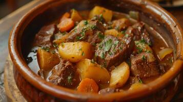 Rustic clay pot with hearty beef stew featuring tender beef potatoes and carrots in rich broth, photography photo