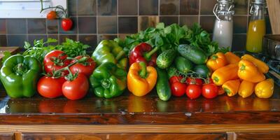 Rustic kitchen counter with colorful vegetables like bell peppers, tomatoes, and cucumbers ready for meal prep, photorealistic photo