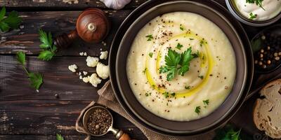 Rustic table setting with a large bowl of creamy cauliflower soup, garnished with olive oil and pepper, picture photo