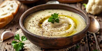Rustic table setting with a large bowl of creamy cauliflower soup, garnished with olive oil and pepper, photorealistic photo