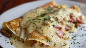Savory crepe filled with ham cheese and mushrooms topped with bechamel sauce and parsley, photorealistic photo