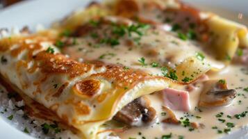 Savory crepe filled with ham cheese and mushrooms topped with bechamel sauce and parsley, photography photo