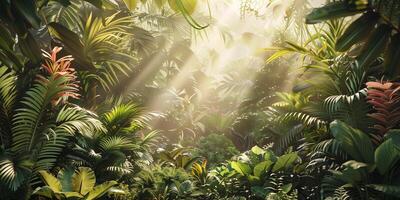 Lush tropical garden with various plant species, sunlight filtering through leaves, photorealistic photo