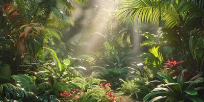 Lush tropical garden with various plant species, sunlight filtering through leaves, photo
