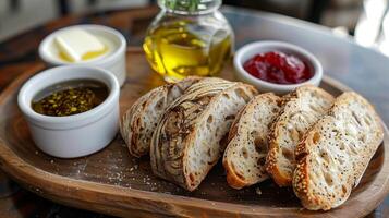 Artisanal breads including sourdough rye and multigrain served with butter jam and olive oil for dipping, photography photo