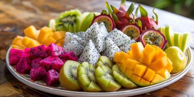 Selection of colorful exotic fruits like dragon fruit, kiwi, and passion fruit on a decorative platter, picture photo