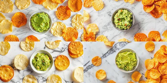 baja en carbohidratos queso patatas fritas con guacamole en mármol encimera, fotorrealista foto