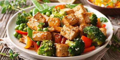 Baked tofu cubes marinated in soy sauce and sesame oil with stir-fried broccoli, peppers, snap peas, photo