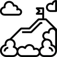 A black and white line drawing of a mountain with clouds and a flag vector
