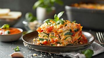 Dairy-free lasagna with zucchini marinara sauce and cashew cheese filling, photorealistic photo
