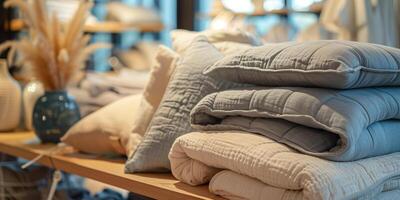 Premium bed linens and cozy blanket folded on display table, photorealistic photo