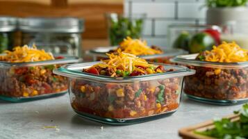 Glass containers with airtight lids each containing turkey chili topped with cheese, photo