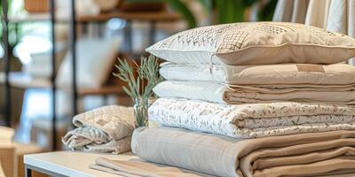 Premium bed linens and cozy blanket folded on display table, photo
