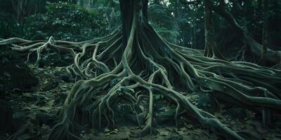 Aerial roots of a tropical tree, intertwining and spreading across the ground, photography photo