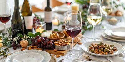 Elegant dining table set with vegan charcuterie board featuring nuts, dried fruits, and plant-based cheeses, photo