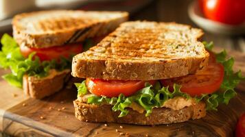 Simple sandwich with whole grain bread lettuce tomato hummus on wooden board, photography photo