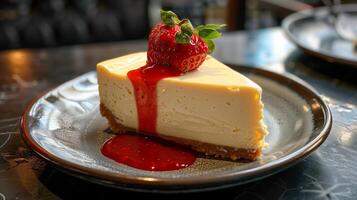 A slice of creamy New York cheesecake garnished with a fresh strawberry and a drizzle of strawberry sauce on a ceramic plate, photorealistic photo