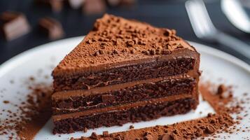 Slice of decadent chocolate cake with layers of moist cake and rich ganache topped with cocoa powder, photography photo