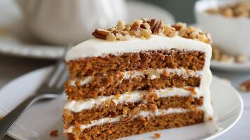 Slice of moist carrot cake with cream cheese frosting and chopped walnuts, photography photo