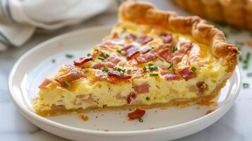 Quiche Lorraine with a golden flaky crust filled with bacon cheese and caramelized onions served on a white plate, photorealistic photo
