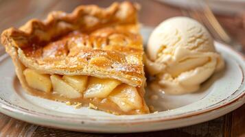 Slice of warm apple pie with flaky crust spiced apples and vanilla ice cream, photorealistic photo