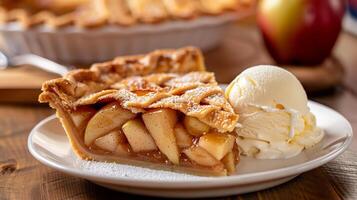 Slice of warm apple pie with flaky crust spiced apples and vanilla ice cream, picture photo