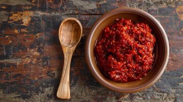 A small bowl containing deep red fermented chili paste with a wooden spoon next to it on a rustic table, photo