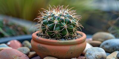 Small cactus with sharp spines sits in a clay pot, surrounded by decorative pebbles, picture photo