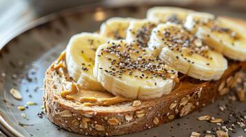 Sugar-free peanut butter on whole grain toast topped with banana slices and chia seeds, photography photo