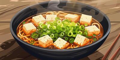 Steaming bowl of gluten-free ramen with rice noodles and tofu, photography photo