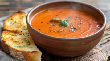 Steaming bowl of creamy tomato basil soup with toasted garlic bread, photorealistic photo