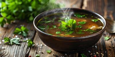 Steaming bowl of paleo beef bone broth garnished with fresh herbs on a rustic wooden table, picture photo