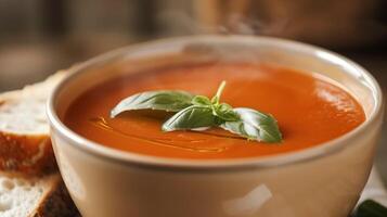 Steaming bowl of tomato basil soup garnished with cream drizzle and fresh basil served with crusty bread, photorealistic photo