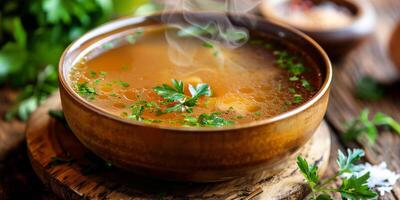 Steaming bowl of paleo beef bone broth garnished with fresh herbs on a rustic wooden table, photo