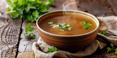 Steaming bowl of paleo beef bone broth garnished with fresh herbs on a rustic wooden table, photography photo