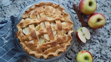 Sugar-free apple pie with golden-brown crust on a kitchen counter with a cinnamon stick and sliced apples beside it, photography photo