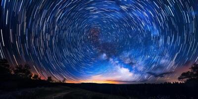 Time-lapse photograph of night sky capturing movement of stars and Milky Way galaxy across horizon, photorealistic photo