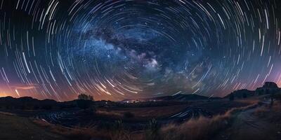 Time-lapse photograph of night sky capturing movement of stars and Milky Way galaxy across horizon, picture photo