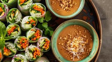 Top-down view of fresh spring roll platter with rice paper rolls filled with julienned vegetables peanut dipping sauce, photorealistic photo